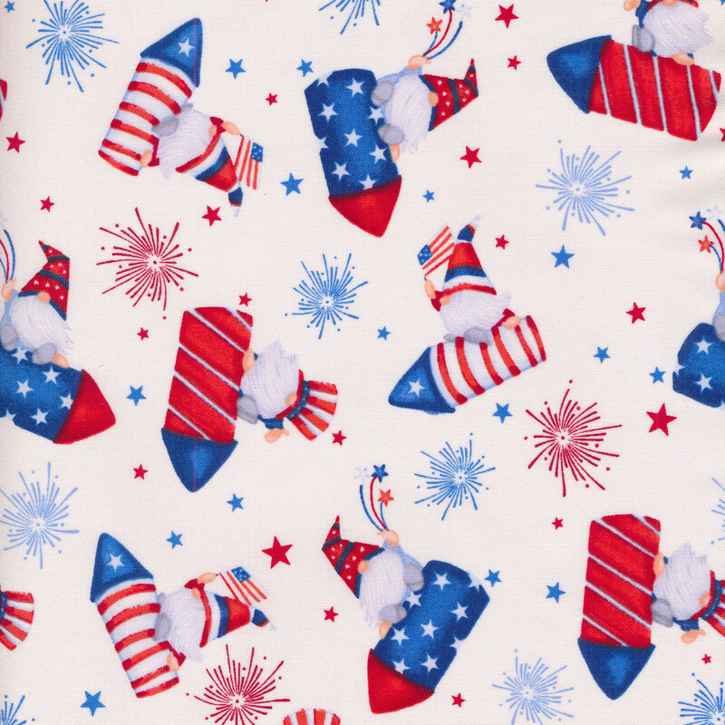 Patriotic red, white, and blue gnomes, fireworks, and stars tossed on a white background
