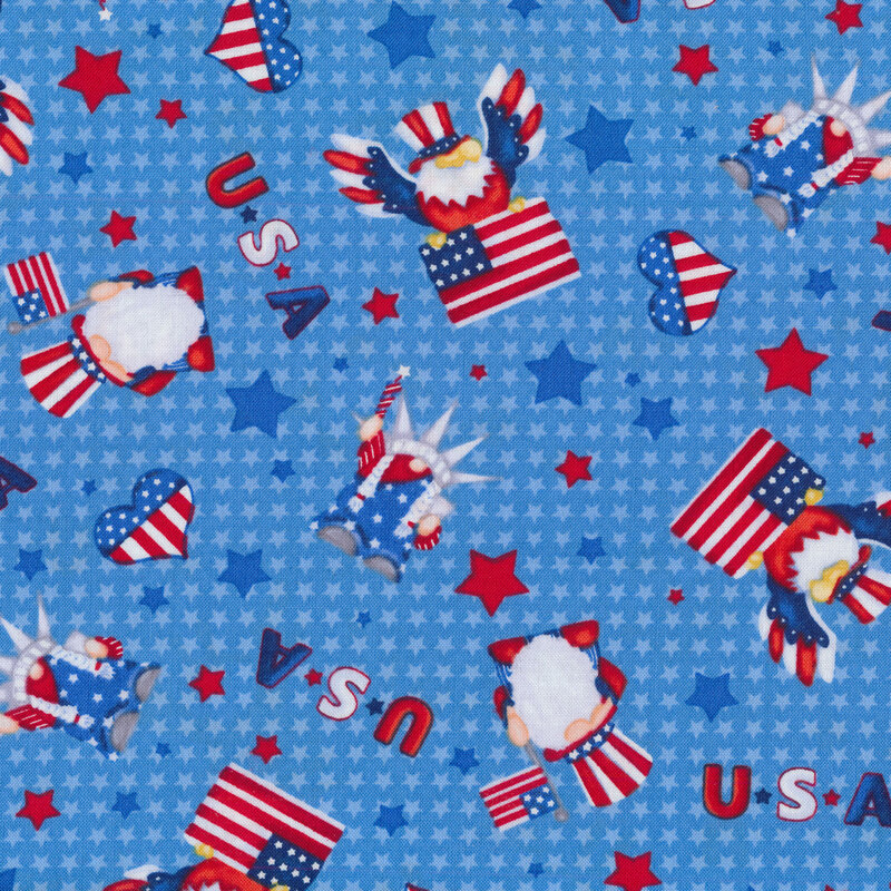 Patriotic gnomes, American eagles, hearts, and stars on a light blue background