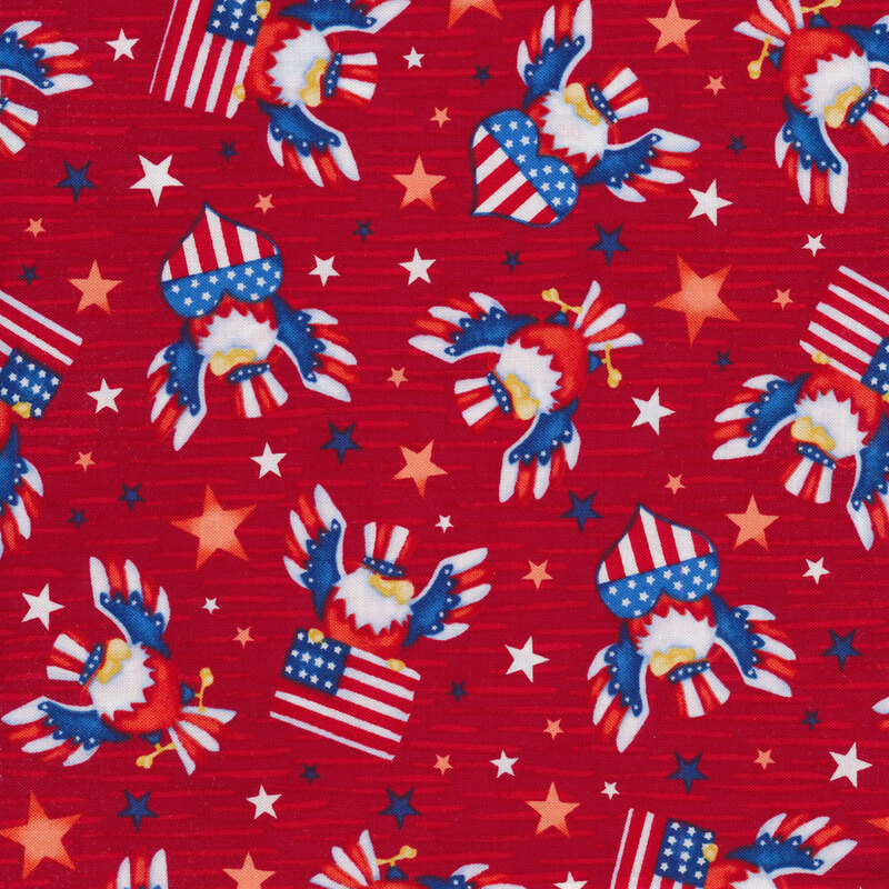 Patriotic American eagles holding hearts and American flags tossed on a red background