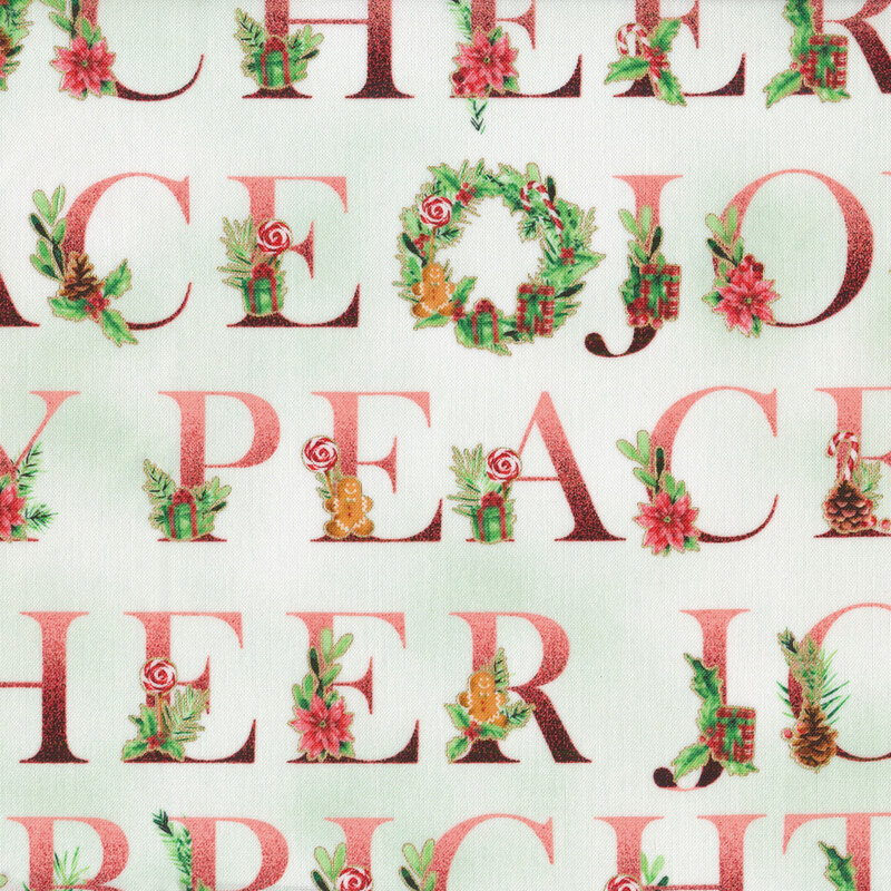 Mint green fabric with Christmas words, holly, and wreaths