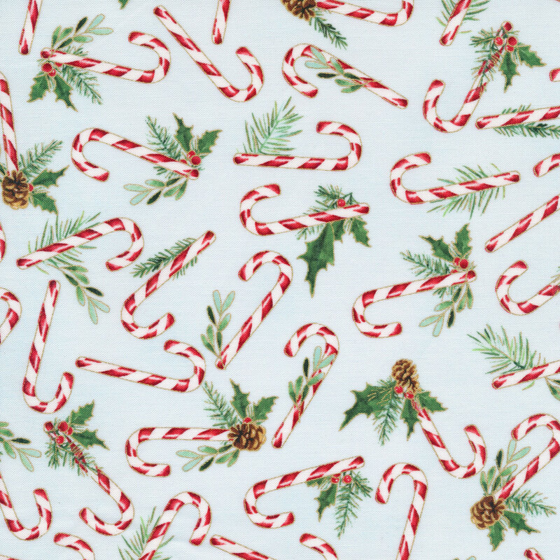 Ice blue fabric with candy cane's and Christmas holly