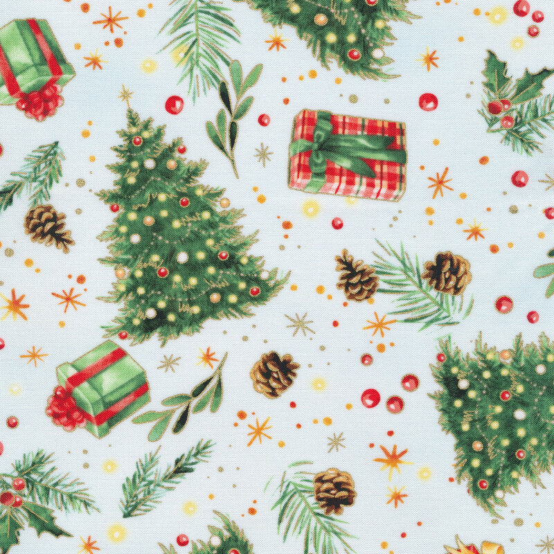 Ice blue fabric with tossed holly, Christmas trees, presents, and snowflakes