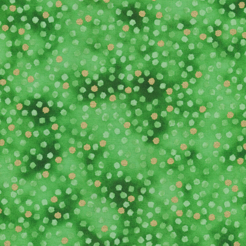 Green mottled fabric with green and gold dots