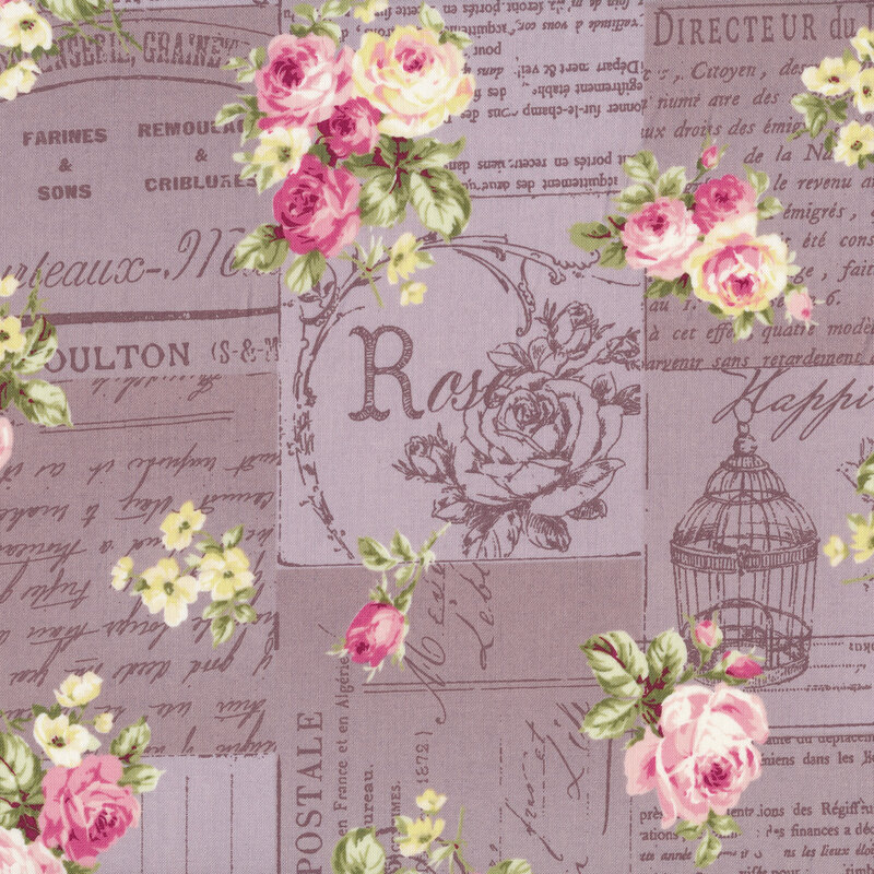 Tossed pink roses on a dusty purple background with scraps of vintage writing and imagery