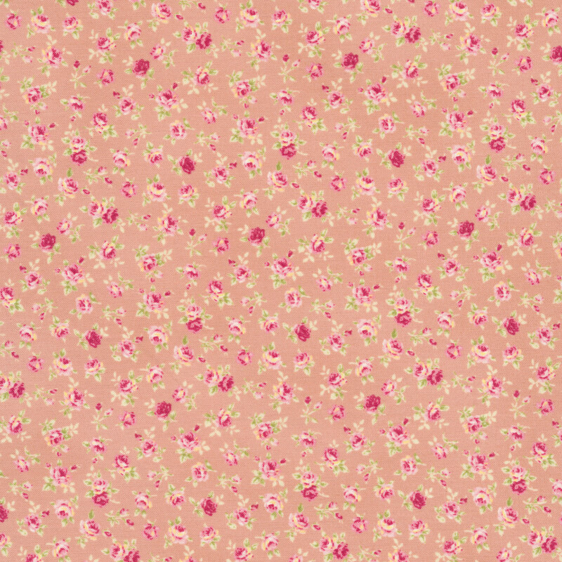 Floral fabric with tossed ditsy pink roses on a light pink background