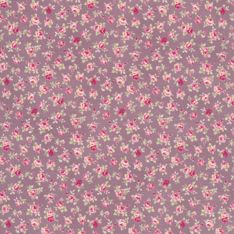 Floral fabric with tossed pink ditsy pink roses on a purple background