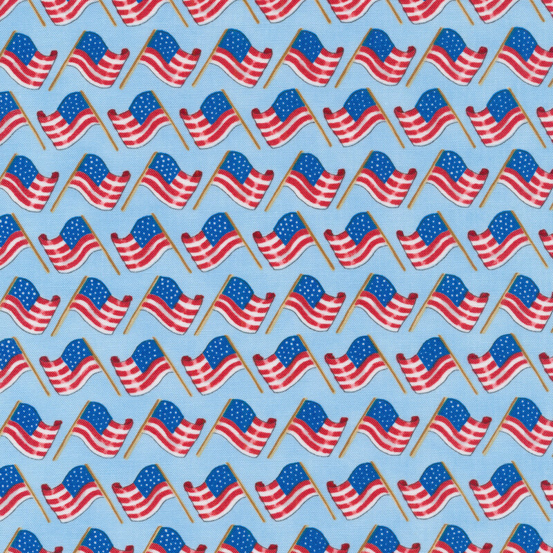 Alternating rows of wavy American flags on a light blue background