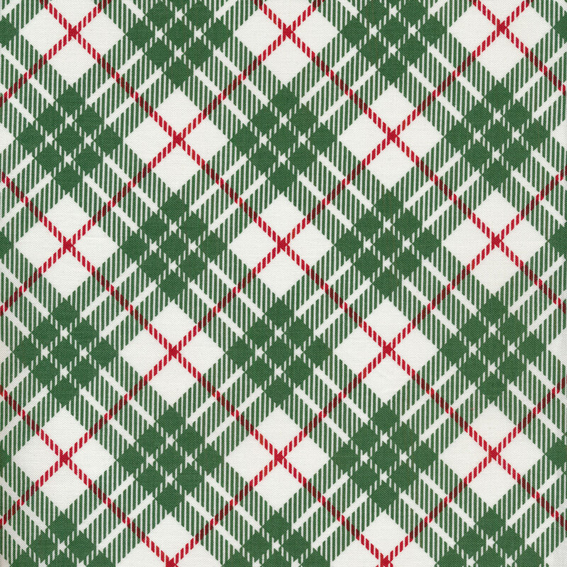 A classic white and green plaid fabric with small red stripes