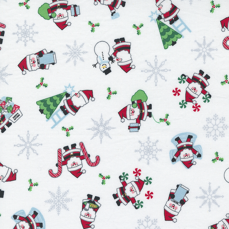 Christmas fabric with little Santa's making snowmen, delivering gifts, and holding candy canes tossed on a white background