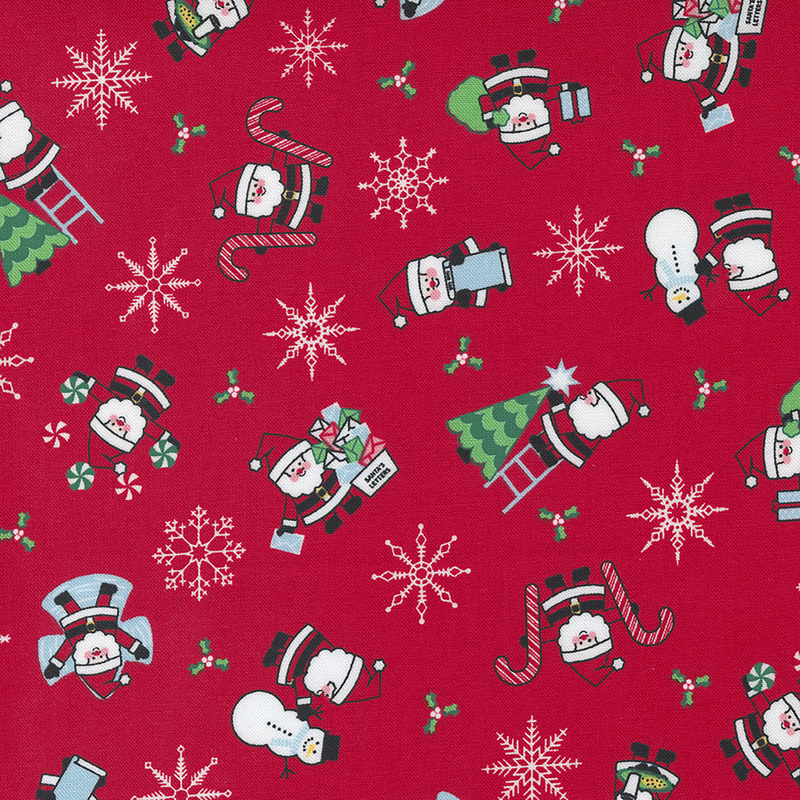 Red fabric with little Santa's holding candy canes, delivering gifts, and making snowmen