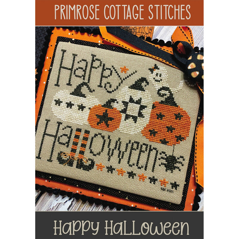 The front of the Happy Halloween Cross Stitch pattern showing the finished project.