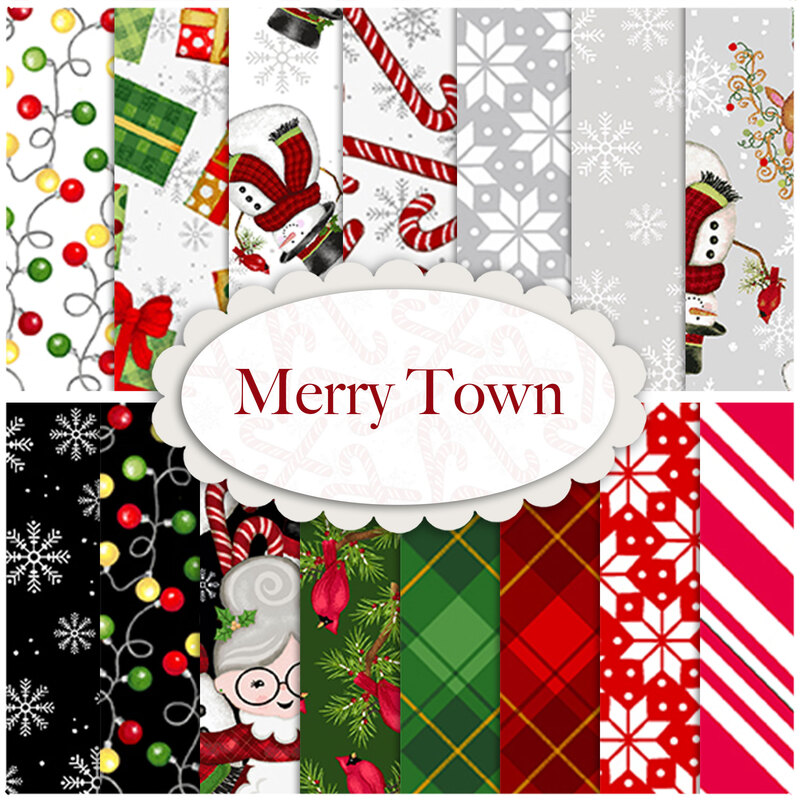 A collage of fabrics included in the Merry Town collection by Studio E Fabrics