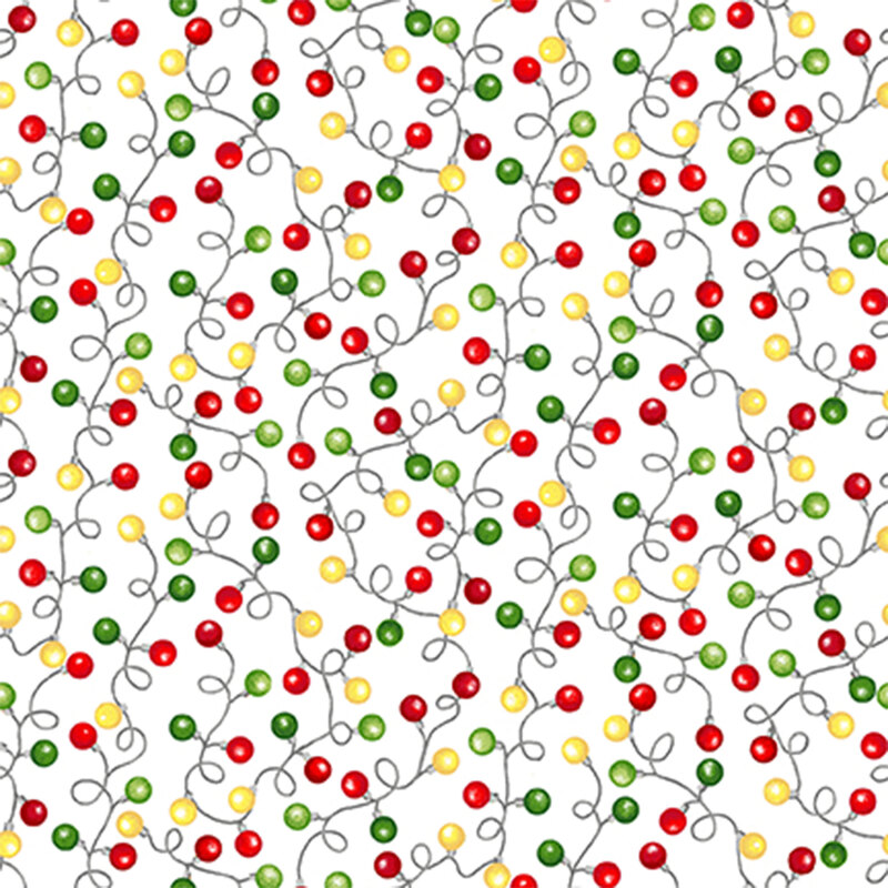 Swirling strings of Christmas lights with red, green, and yellow bulbs all over a white background