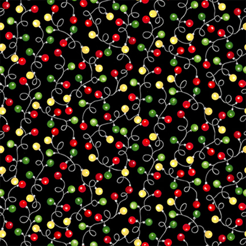 Swirling strings of Christmas lights with red, green, and yellow bulbs all over a white background
