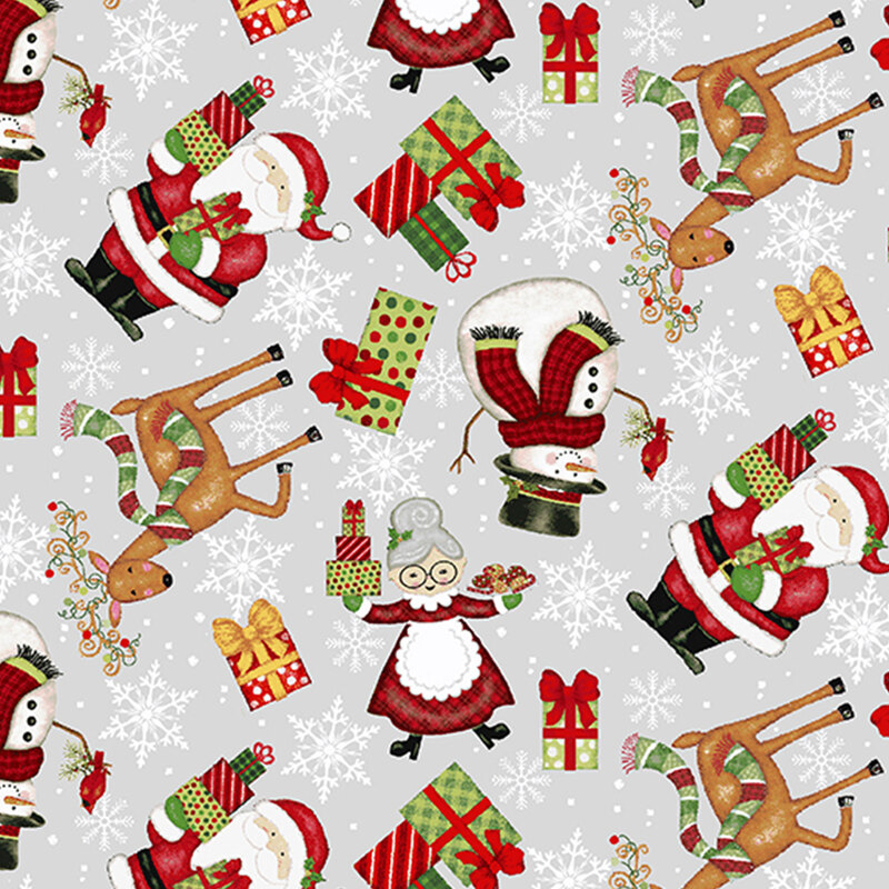 Gray fabric with snowflakes, Santa Clause, Mr.s Clause, Reindeer, and presents