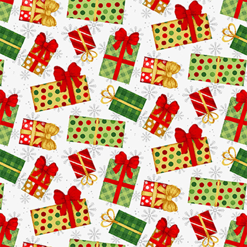 Green and yellow gifts wrapped with red bows on a white background