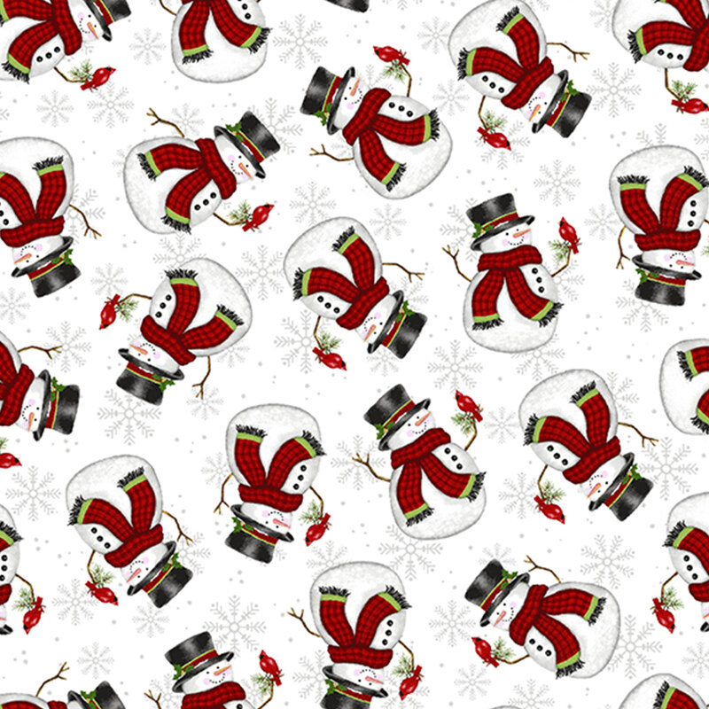 Tossed snowmen and light gray snowflakes on a white background