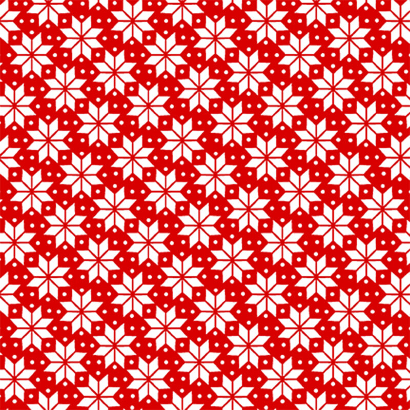 White geometric snowflakes and small polka dots all over a red background