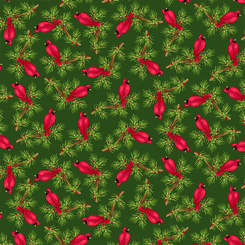 Tossed red cardinals on pine branches all over a green background