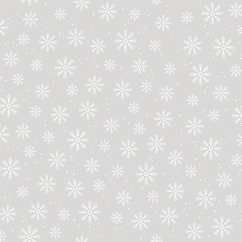 White snowflakes and small dot clusters all over a light gray background