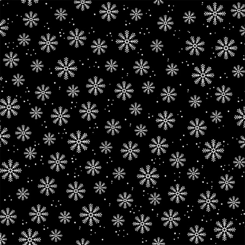 White snowflakes and small dot clusters all over a black background