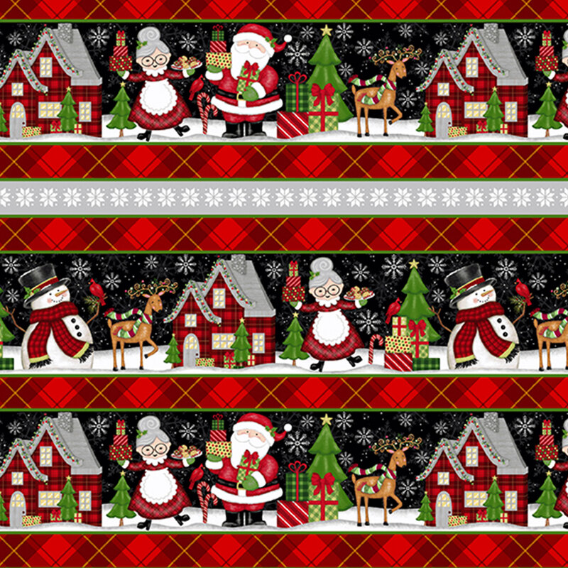 Christmas border stripe fabric with red plaid stripes, and Mr and Mrs Clause and reindeer all over