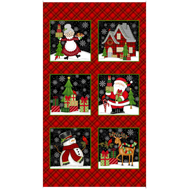 Christmas fabric panel with 6 blocks on a red plaid background