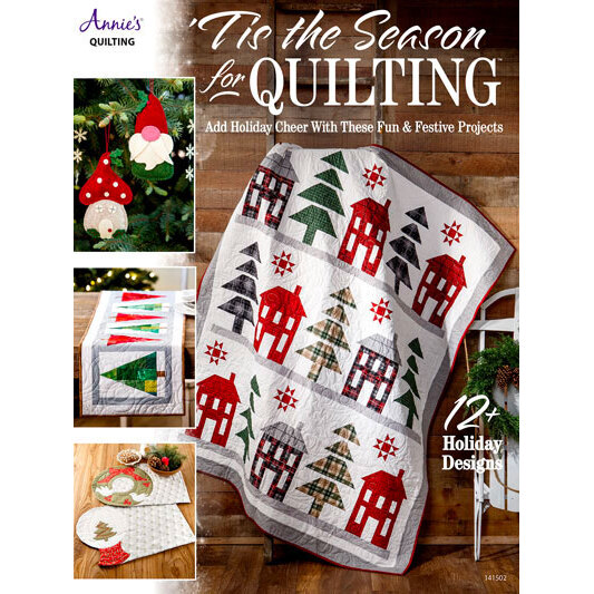 'Tis the Season for Quilting front cover featuring a white quilt of holiday colored houses and trees.