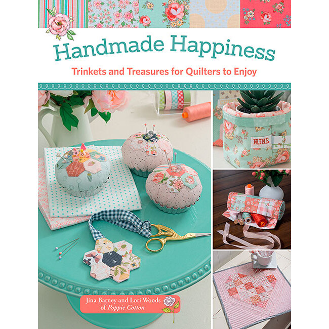 Front cover of Handmade Happiness featuring many small completed sewing projects.