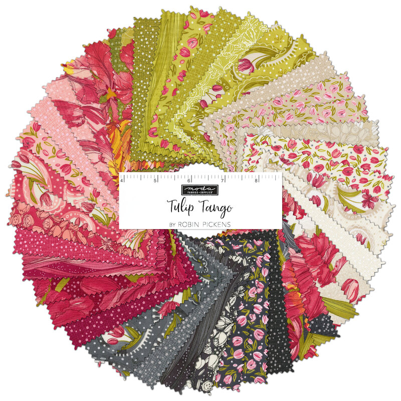 A collage of bright springtime fabrics from the Tulip Tango Moda Charm Pack