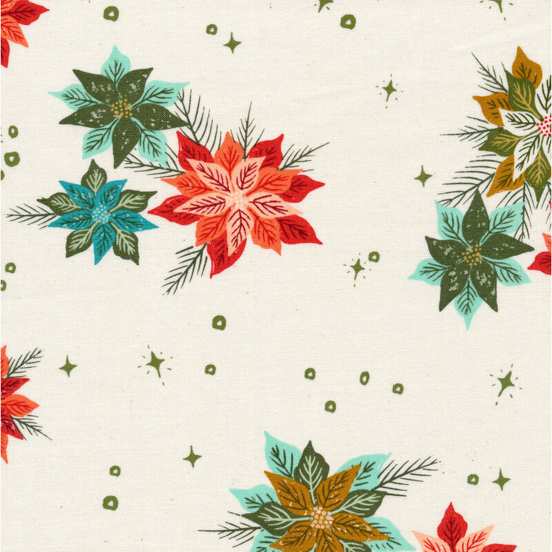 Red, blue, and yellow florals on cream background.