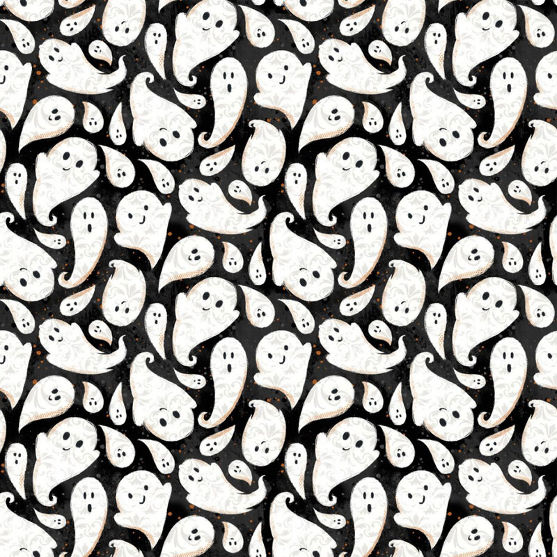Black fabric with friendly smiling ghosts all over
