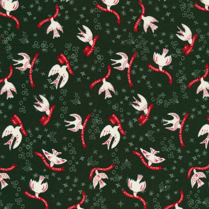 White illustrated doves holding red banners with Christmas phrases and green circles and holly on dark green background.