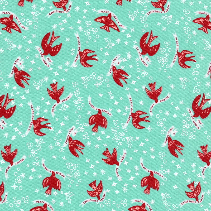 Red illustrated doves holding white banners with Christmas phrases and white circles and holly on aqua background.