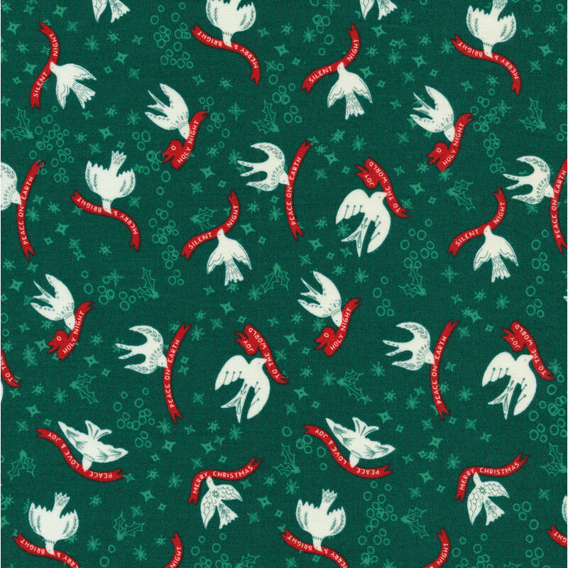 White illustrated doves holding red banners with Christmas phrases and teal circles and holly on dark teal background.