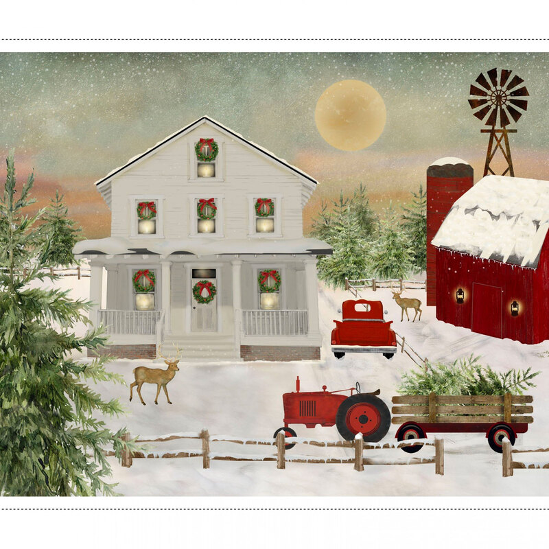 Vintage fabric panel with a farmhouse, tractor, vintage truck, red barn, and deer