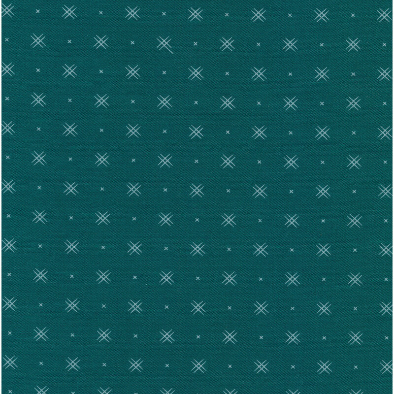 Dark teal fabric with rows of small white x's and double criss-cross patterns