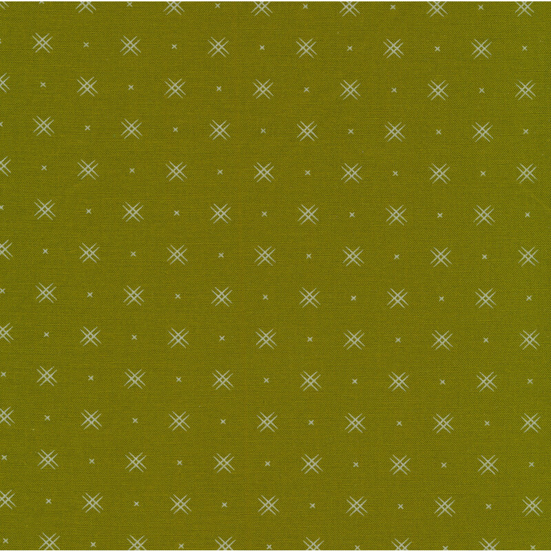 Avocado green fabric with rows of small white x's and double criss-cross patterns