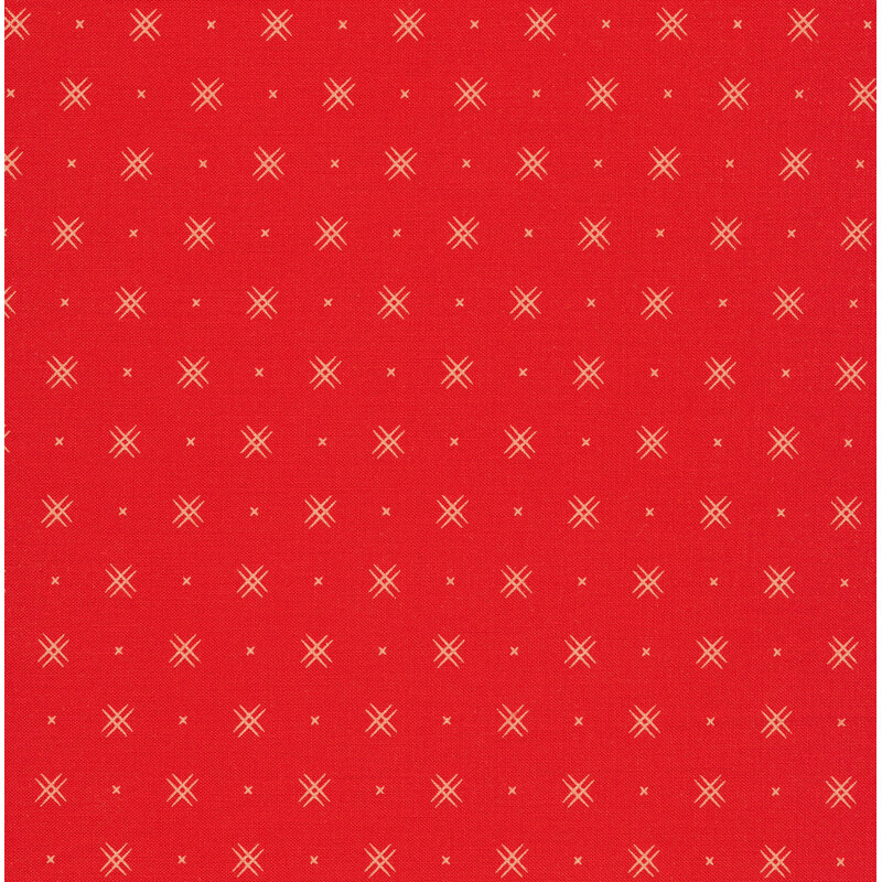 Ruby red fabric with rows of small white x's and double criss-cross patterns