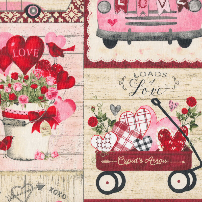 Vintage Valentine's Day patchwork fabric with campers, trucks, hearts, flowers and more