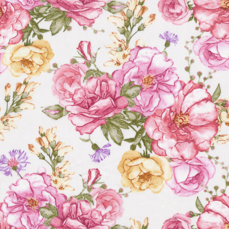 Pink and yellow flowers with small flower buds on a cream fabric background