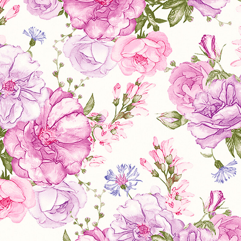 Purple and pink florals with small flower buds on a cream background