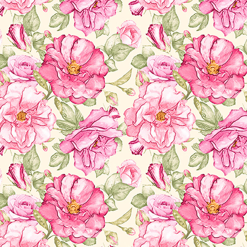 Pink roses with green leaves tossed on a light green background