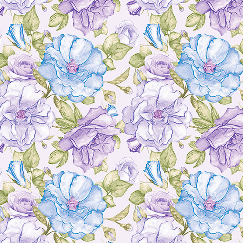 Blue and purple roses with green leaves tossed on a light purple background
