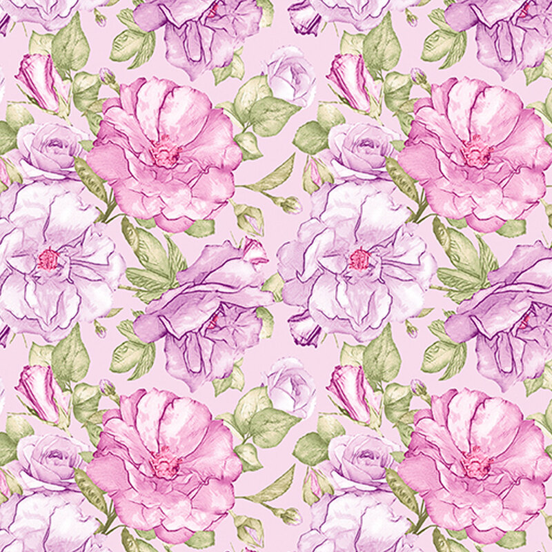 Purple roses with green leaves tossed on a light purple background