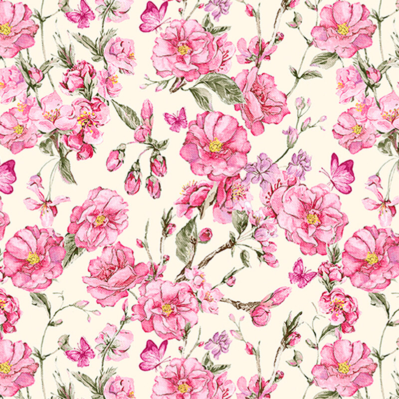Pink roses, butterflies, and rose buds with green vines on a cream background
