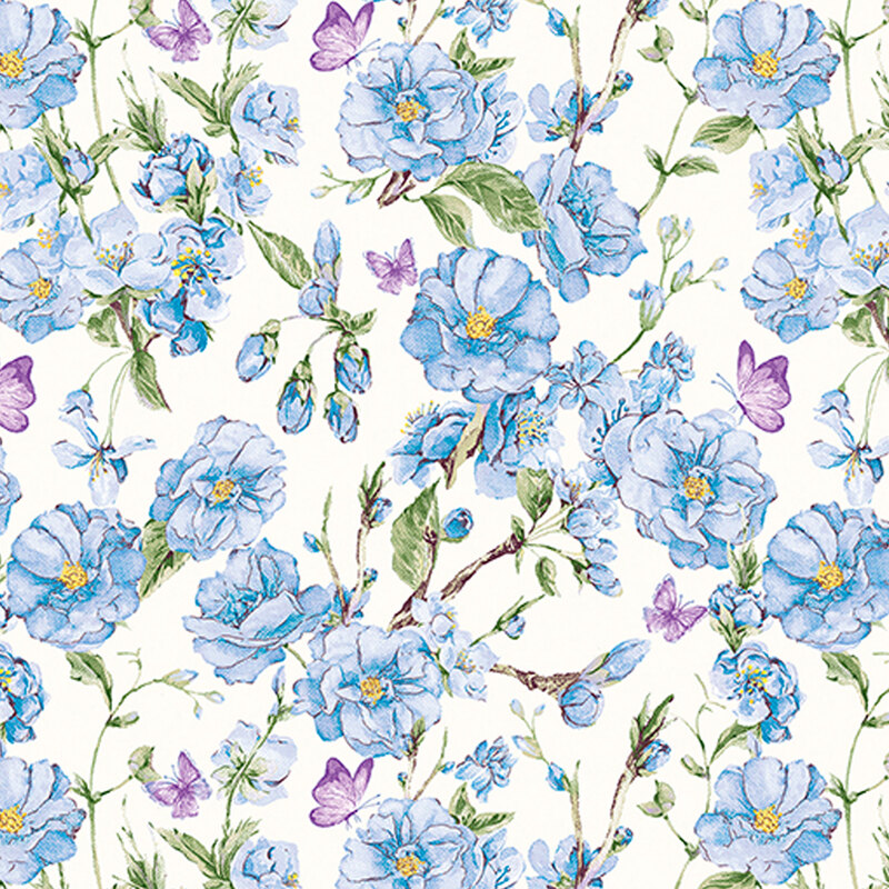Blue roses, purple butterflies, and rose buds with green vines on a cream background