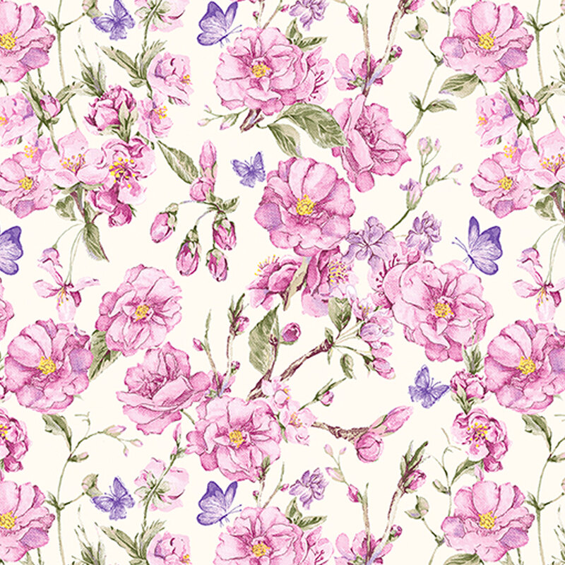 Light purple roses, purple butterflies, and rose buds with green vines on a cream background