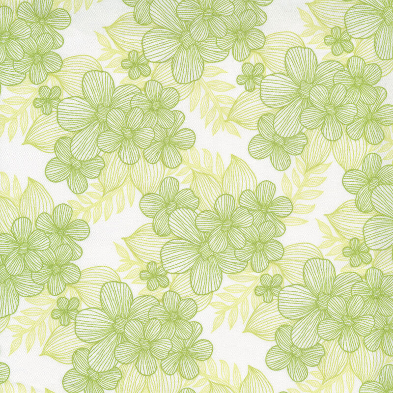 White fabric with lined green flowers flowers and leaves all over