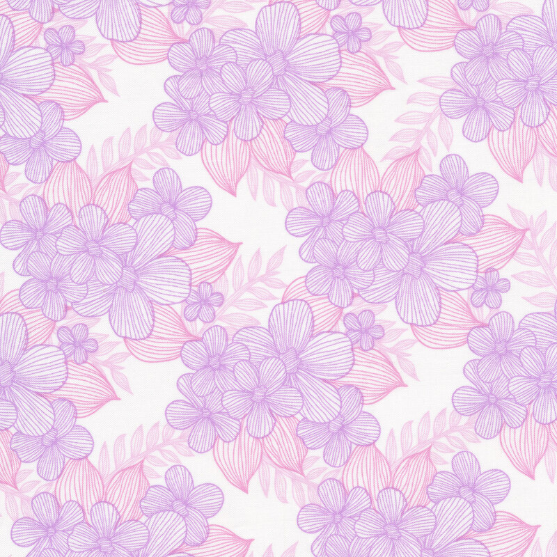 White fabric with lined purple flowers flowers and leaves all over